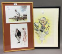 A Marks and Spencer's caricature, together with two Tales from the Turf prints,