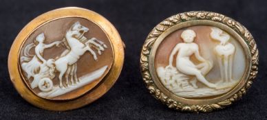 Two gold set classical cameo brooches
