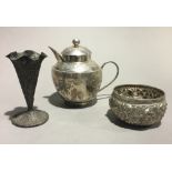 Three Eastern white metal items, a teapot,
