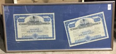 Two framed Anglo Western Oils Limited share certificates