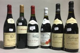 Six bottles of French red wine, comprising: two Belleruche Cotes-Du-Rhone 2002, Cahors 2001,