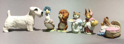 Five Beswick Beatrix Potter figures and a Beswick dog