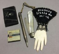 A quantity of miscellaneous items, including a silver and mother-of-pearl fruit knife, etc.