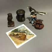 A quantity of miscellaneous items, including a Spanish porcelain tile, a terracotta group, etc.