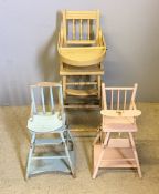 A vintage child's high chair and two dolls high chairs