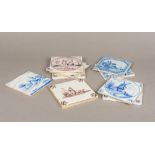 A collection of nine 18th century Delft tiles Variously decorated in blue, white and manganese.