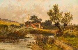 ABRAHAM HULK Junior (1851-1922) British Figure Beside a River Before a Cottage in a Rural Landscape