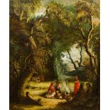 ENGLISH SCHOOL (19th century) Gypsy Encampment in a Wooded Landscape Oil on canvas, framed.