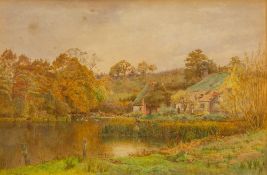 CYRIL WARD (1863-1935) British Figures Before a Cottage Beside a Pond in a Rural