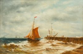 DECORATIVE SCHOOL (19th/20th century) Shipping in Choppy Waters Off a Harbour Wall Oil on board,