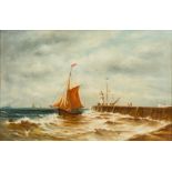 DECORATIVE SCHOOL (19th/20th century) Shipping in Choppy Waters Off a Harbour Wall Oil on board,