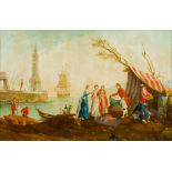 MODERN DECORATIVE SCHOOL (20th century) Figures in a Harbour Side Encampment Oil on board, signed,