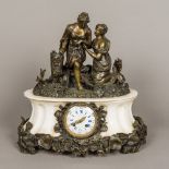 A bronze mounted white marble mantel clock Surmounted with two classical maidens amongst bocage,