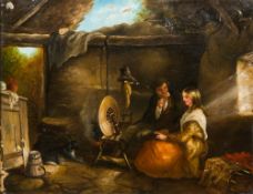 Manner of GEORGE MORLAND (1763-1804) British Couple in a Cottage Interior Oil on canvas, framed.