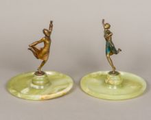 Two Art Deco painted patinated bronze models of dancers,