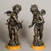 A pair of 19th century patinated bronze sculptures One formed as cupid,