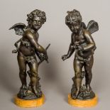 A pair of 19th century patinated bronze sculptures One formed as cupid,