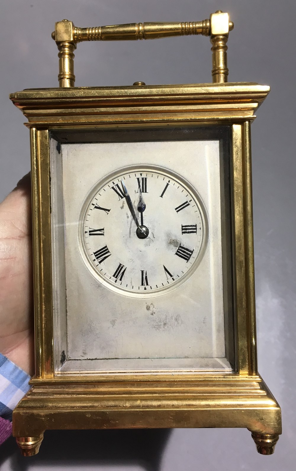 A lacquered brass cased repeating carriage clock With turned loop handle and silvered dial with - Image 2 of 8