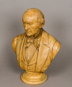 A Victorian painted plaster bust Modelled as William Ewart Gladstone, on a turned socle.