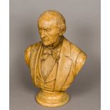 A Victorian painted plaster bust Modelled as William Ewart Gladstone, on a turned socle.