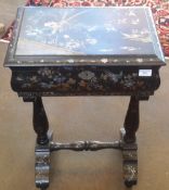 A Victorian mother-of-pearl inlaid chinoiserie lacquered work box The moulded hinged rectangular