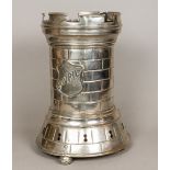 A Victorian silver plated Bovril urn Of castellated tower form. 44 cm high.