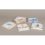 A collection of nine 18th century Delft tiles Variously decorated in blue, white and manganese.