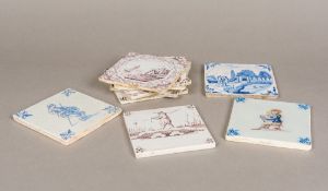 A collection of nine 18th century Delft tiles Variously decorated in blue, white and manganese.