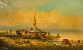 A VESCOVI (19th century) Italian Fisherfolk on a Shoreline Oils on canvas, signed, each framed.