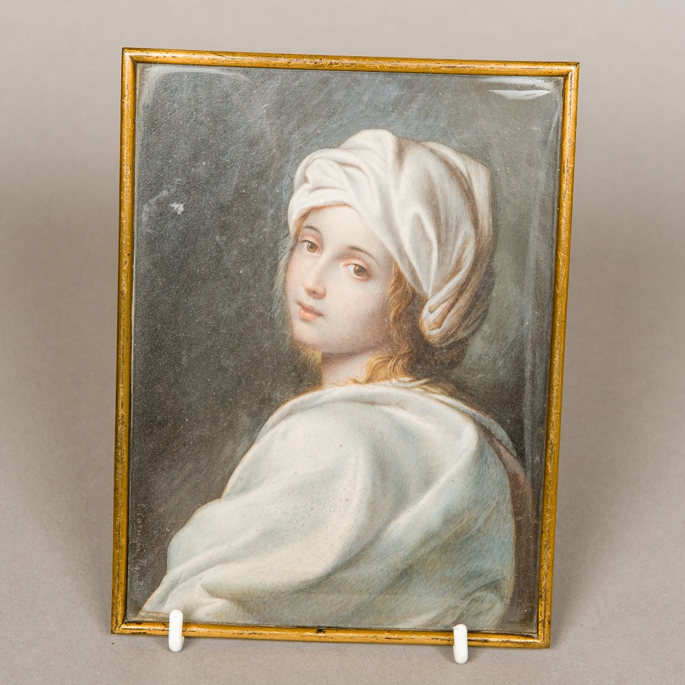 A 19th century miniature portrait Depicting a girl in a white gown and hat,