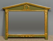 A 19th century French parcel gilt green painted over mantel mirror The arched top section centred