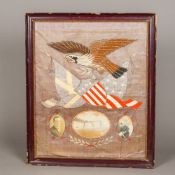 An early 20th century American embroidered silk picture Depicting an eagle above various flags,