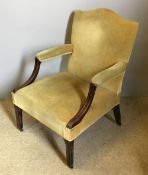 An 18th century and later mahogany framed Gainsborough armchair The shaped padded back issuing twin