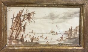 Attributed to WILLEM VAN DE VELDE (1633-1707) Dutch Figures Skating in a Winter Landscape Pen and