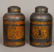 A pair of Victorian tole ware shops tea canisters Each with chinoiserie decoration.