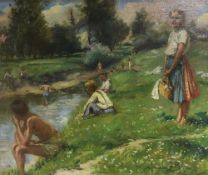 HUNGARIAN SCHOOL (20th century) Bathers in a River Landscape Oil on canvas, indistinctly signed,