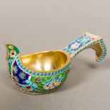 A small Russian enamel decorated silver gilt quaich Of typical form,
