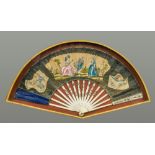 An 18th century French decorated fan Worked with a courting couple and a lute player in a formal