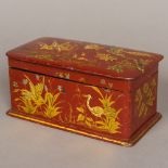 A 19th century chinoiserie lacquered tea caddy Decorated in gilt with various birds in a foliate