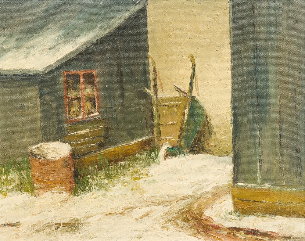 ALFRED PEDERSEN (20th century) Danish Snowy Yard Oil on board, signed, framed. 49 x 39 cm.