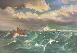 ENGLISH NAIVE SCHOOL (19th/20th century) Shipping in Choppy Waters Off the Coast Oil on canvas.