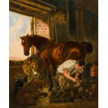 ENGLISH SCHOOL (19th/20th century) The Farrier Oil on canvas, framed. 49 x 59.5 cm.