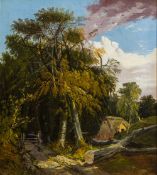 W COOK (19th century) British Thatched Cottage in a Woodland Landscape Oil on canvas, signed,