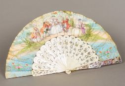 A 19th century French bone and mother-of-pearl fan Decorated with courting figures. 26 cm high.