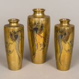 A set of three Japanese Meiji period mixed metal inlaid bronze vases Each decorated with a cockerel