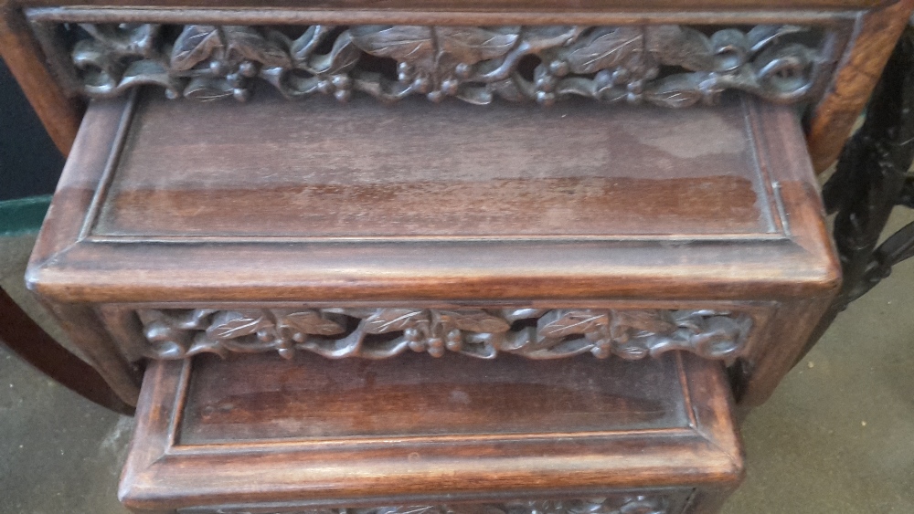 A late 19th century Chinese carved hardwood quartetto nest of tables Each rectangular panelled top - Image 3 of 4