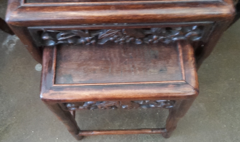 A late 19th century Chinese carved hardwood quartetto nest of tables Each rectangular panelled top - Image 4 of 4