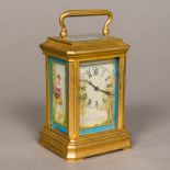 A brass cased miniature carriage clock Set with painted porcelain panels,