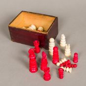 A Victorian English Calvert style ivory chess set Housed in a wooden box. The kings each 5.