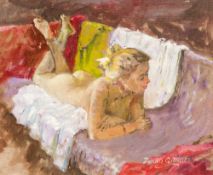 DENNIS GILBERT (born 1922) British (AR) Reclining Nude Oil on board, signed, framed. 29 x 24 cm.